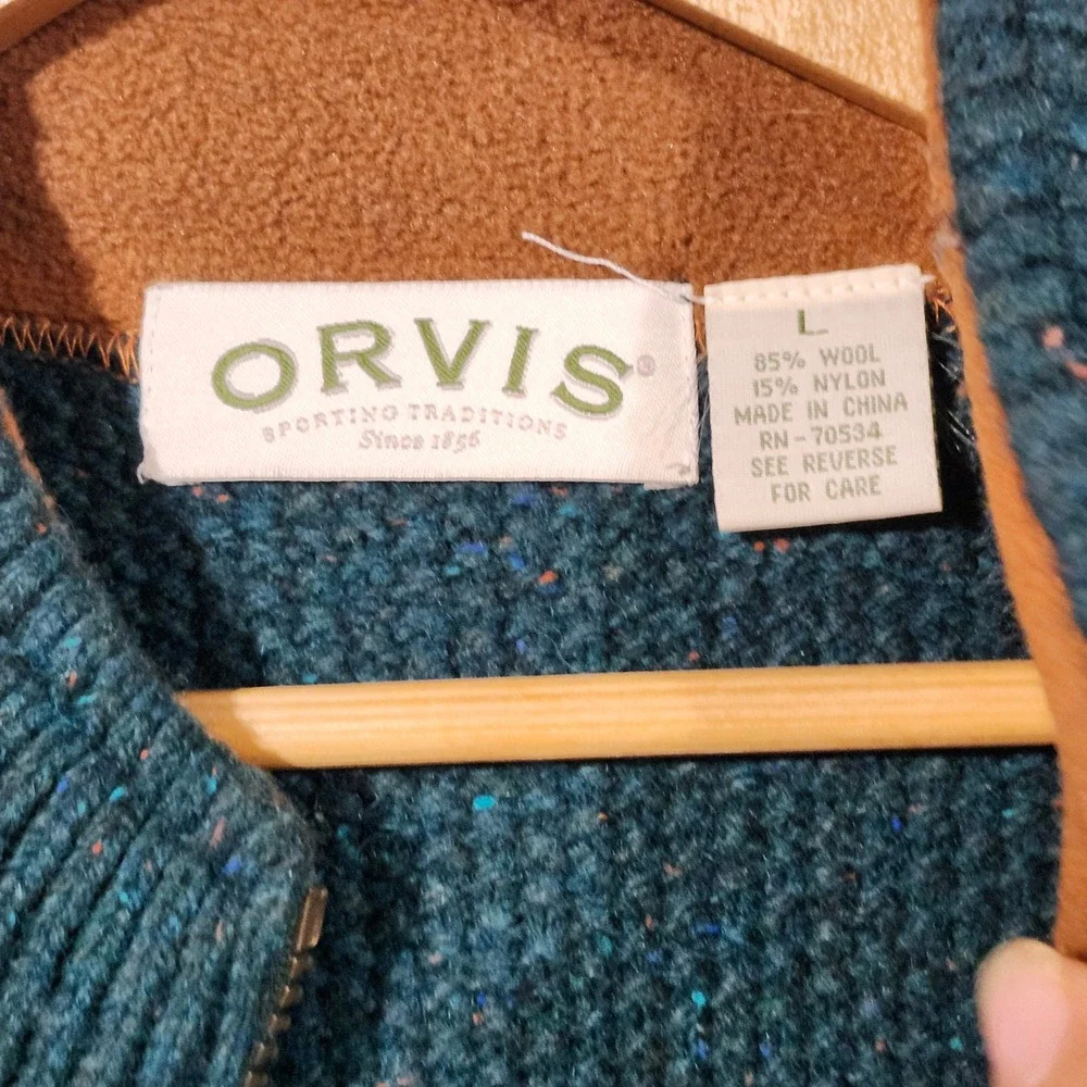 Orvis Mens Teal Donegal Wool Blend Full Zip Sweater Vest Waffle Knit Large Fall